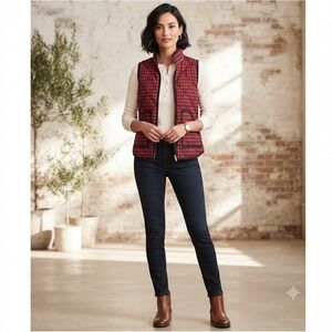 J Crew Red Black Buffalo Check Quilted Puffer Vest Gilet Size S